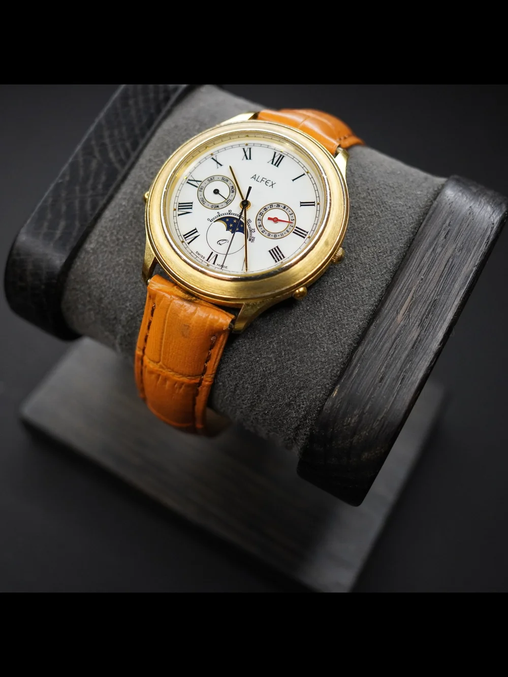 Alfex 4541 Swiss Made Moonphase Triple Calendar White Dial Gold Tone Men's Watch
